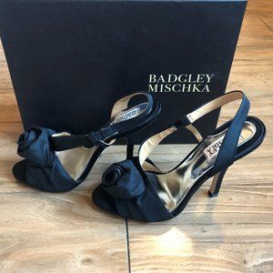 Badgley Mischka Black Satin Rosette Heels NIB